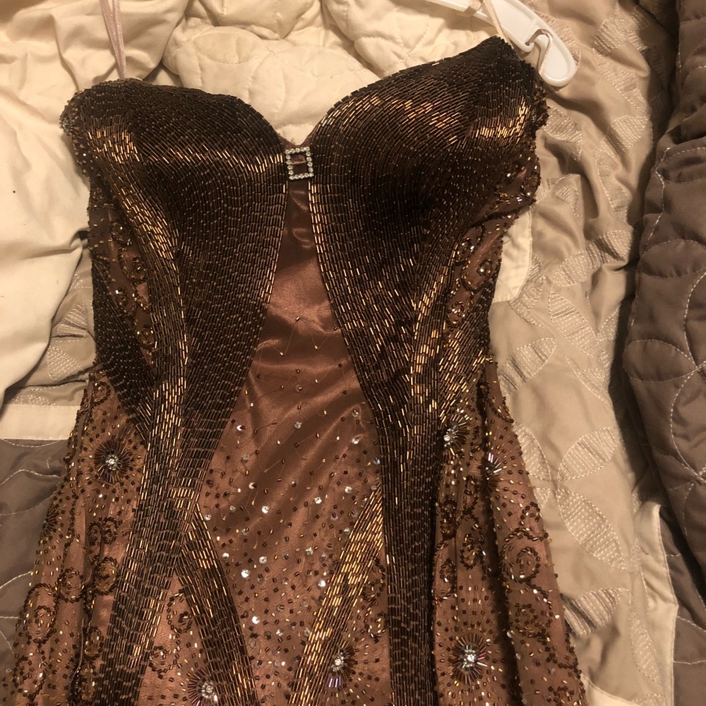 Strapless brown prom dress
